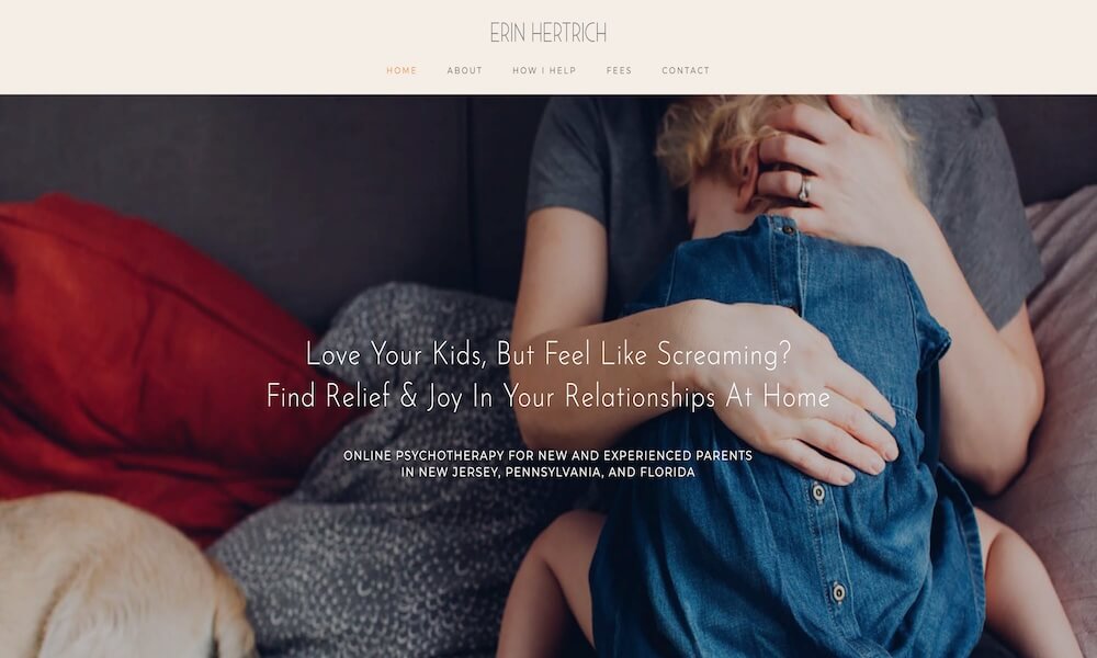 Homepage of Erin Hertrich's perinatal therapy website designed by Empathysites