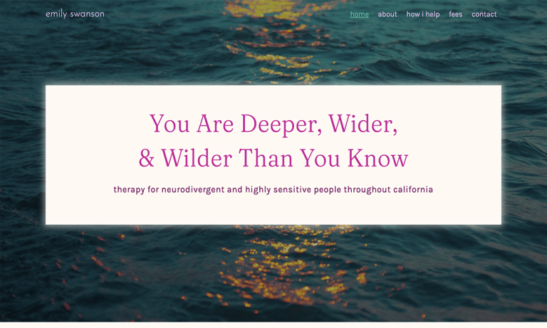 Homepage of em Swanson's neurodivergent-affirming therapy website designed by Empathysites