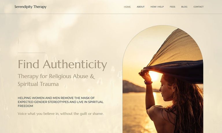 Homepage of Serendipity Therapy, a religious trauma practice website designed by Empathysites
