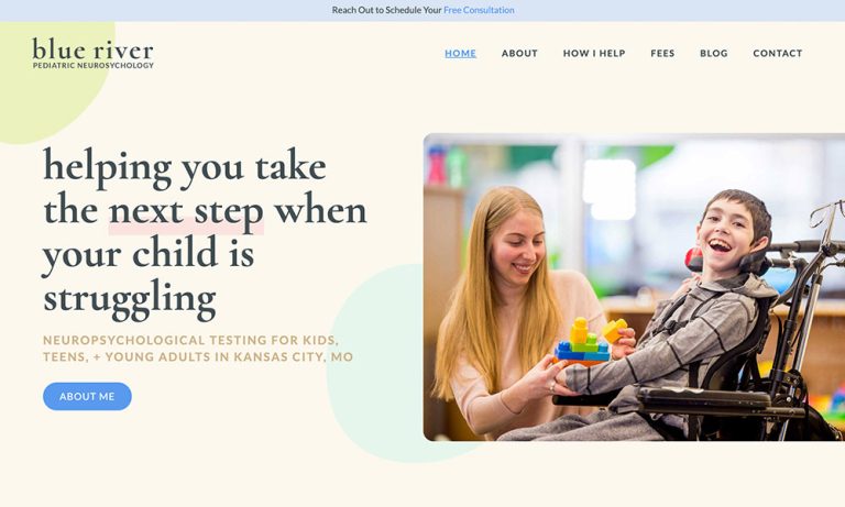 Homepage of Blue River Pediatric, a neuropsychology practice website designed by Empathysites