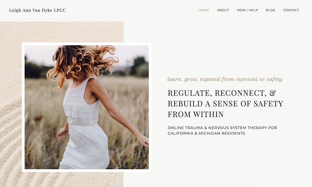 Homepage of Leigh Ann Van Dyke's trauma therapy website designed by Empathysites