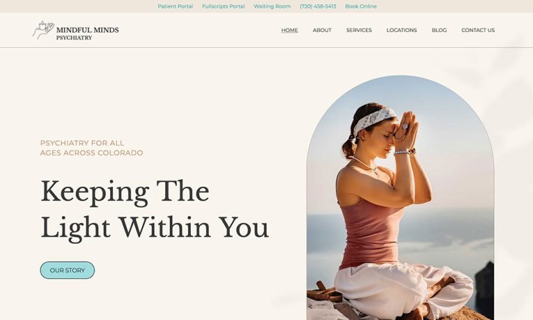 Homepage of Mindful Minds Psychiatry, a Colorado psychiatry practice website designed by Empathysites